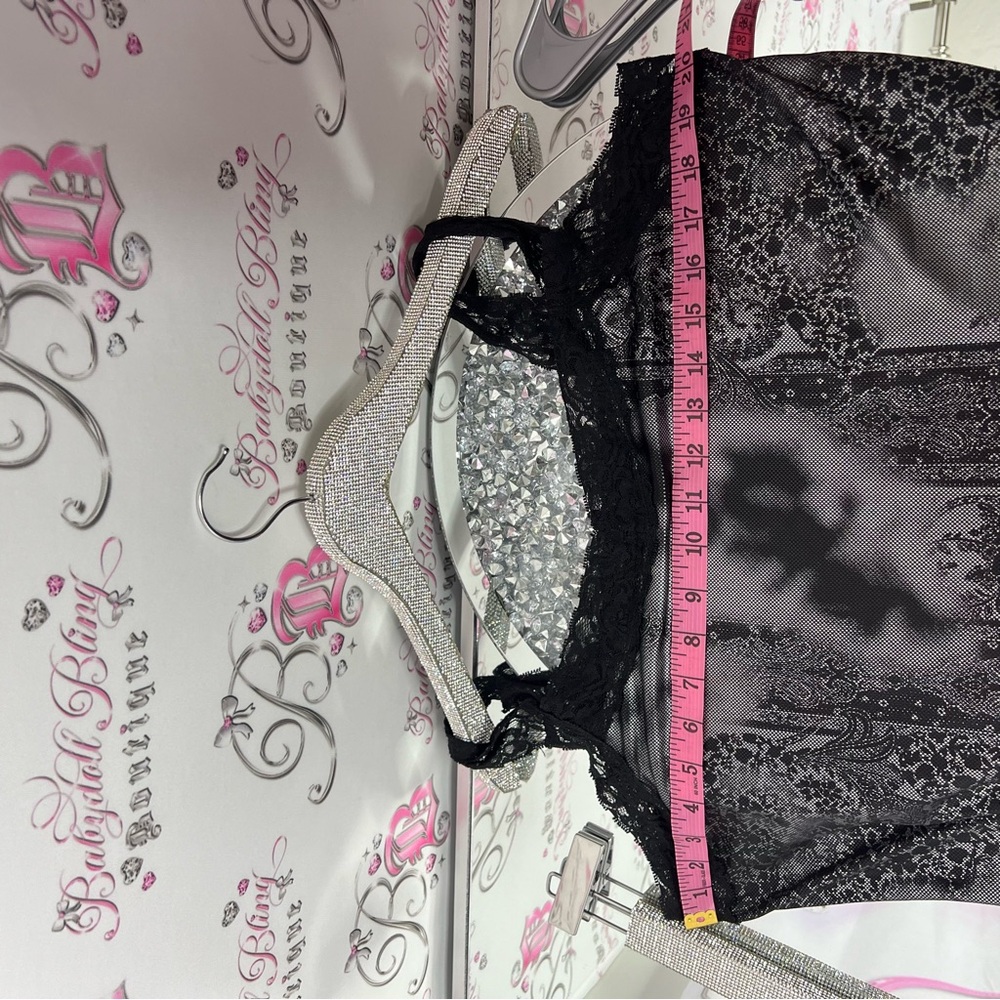 Lace metallic tank top holographic Lacey pattern grey black lace trim straps y2k - Picture 8 of 9